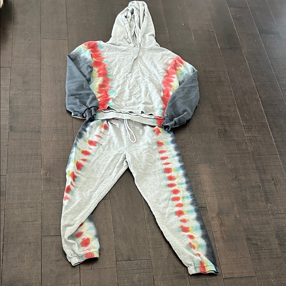 Michael Lauren NATE LE RAINBOW STRIPE CROP hoodie and jogger XS